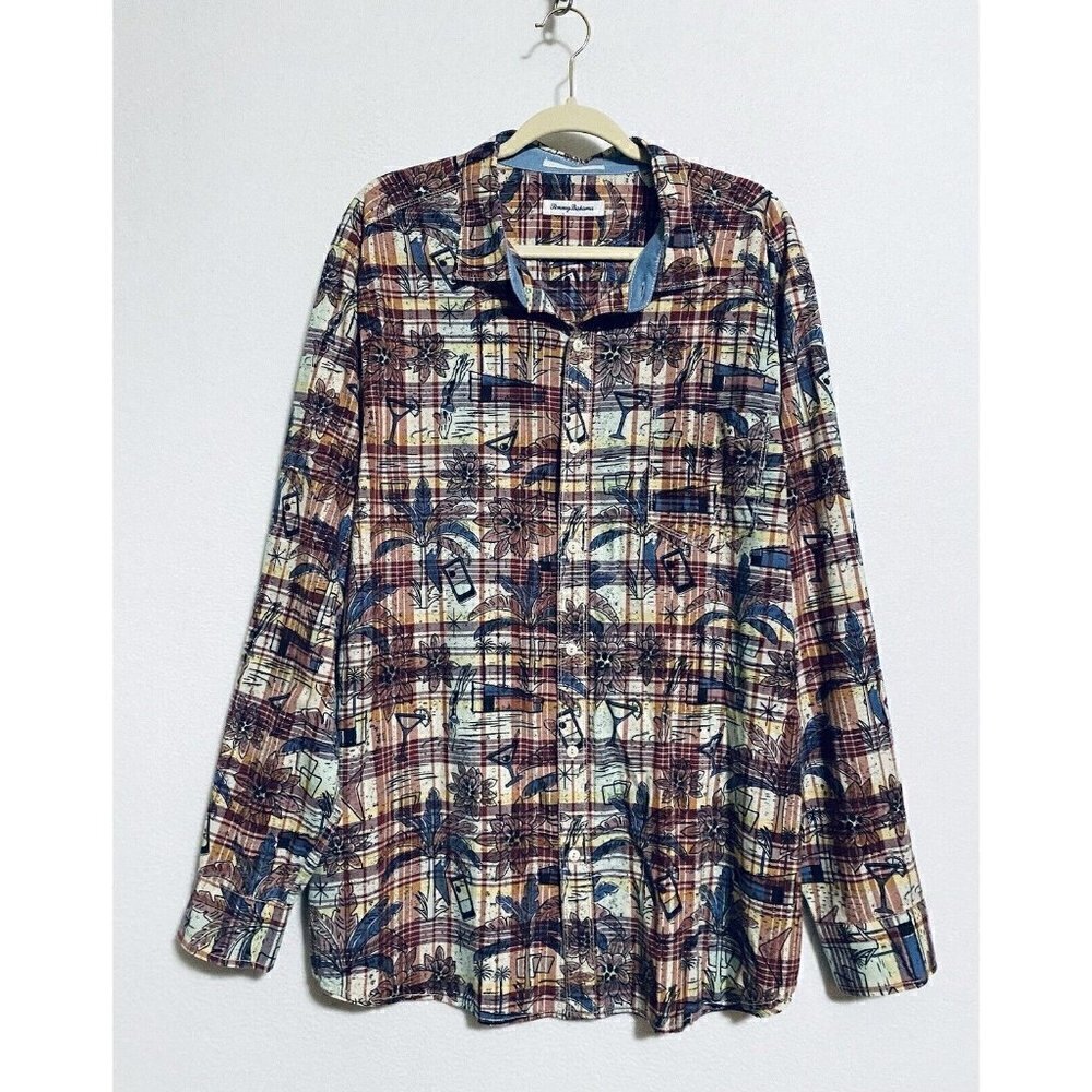 Tommy Bahama Button Up Men XXL Palm Springs Martini Plaid Flip Cuff Red